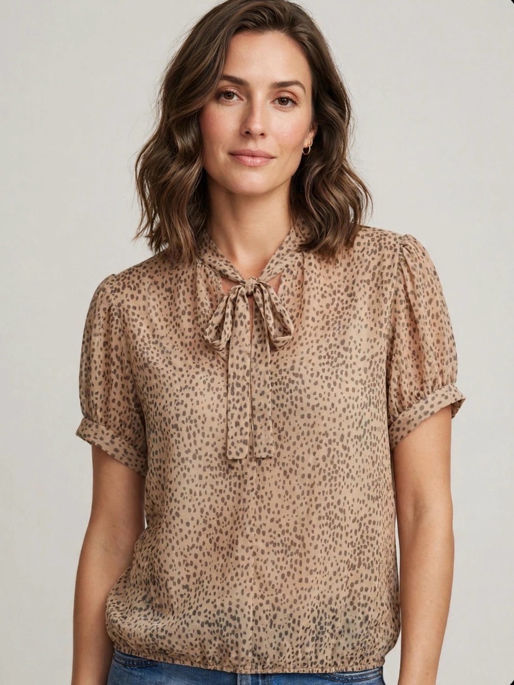 Express Women’s Beige and Printed Tie-Neck Short Sleeve Blouse